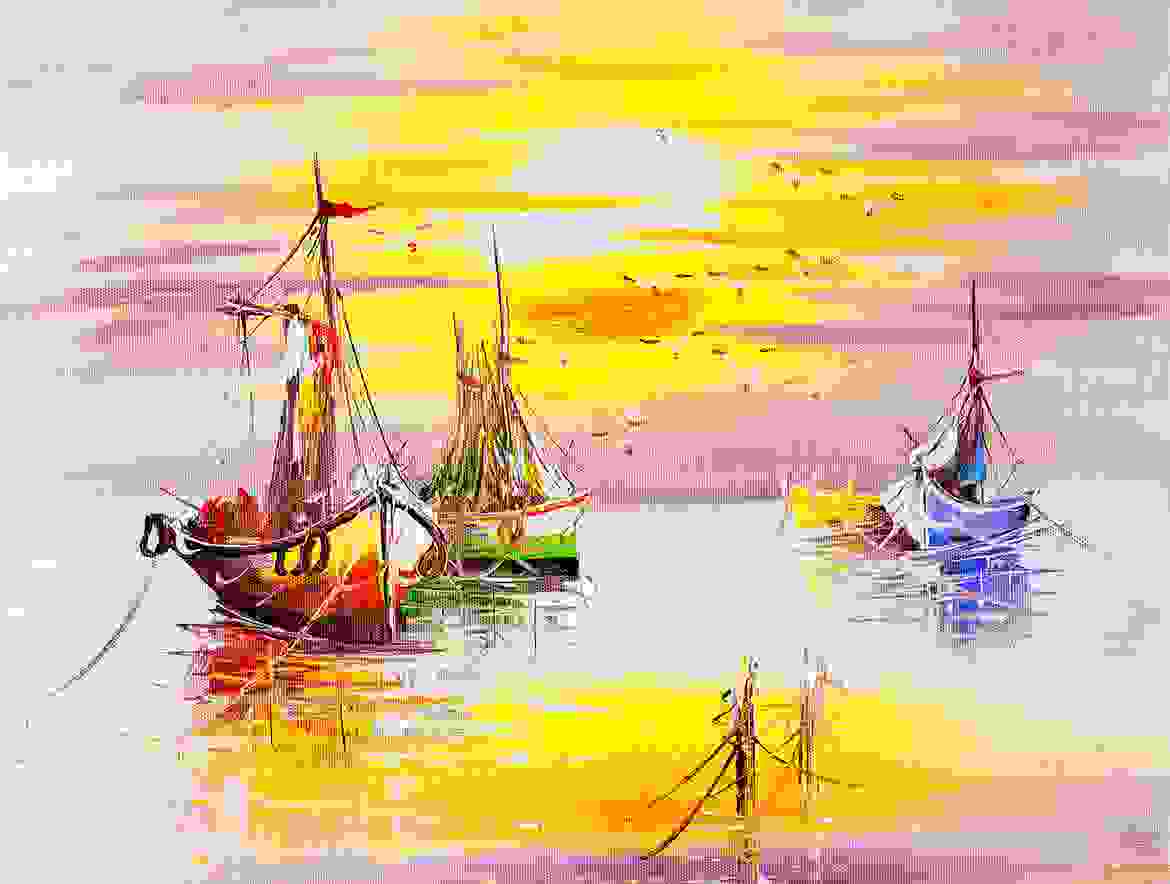 Sun set in a seashore with boats background